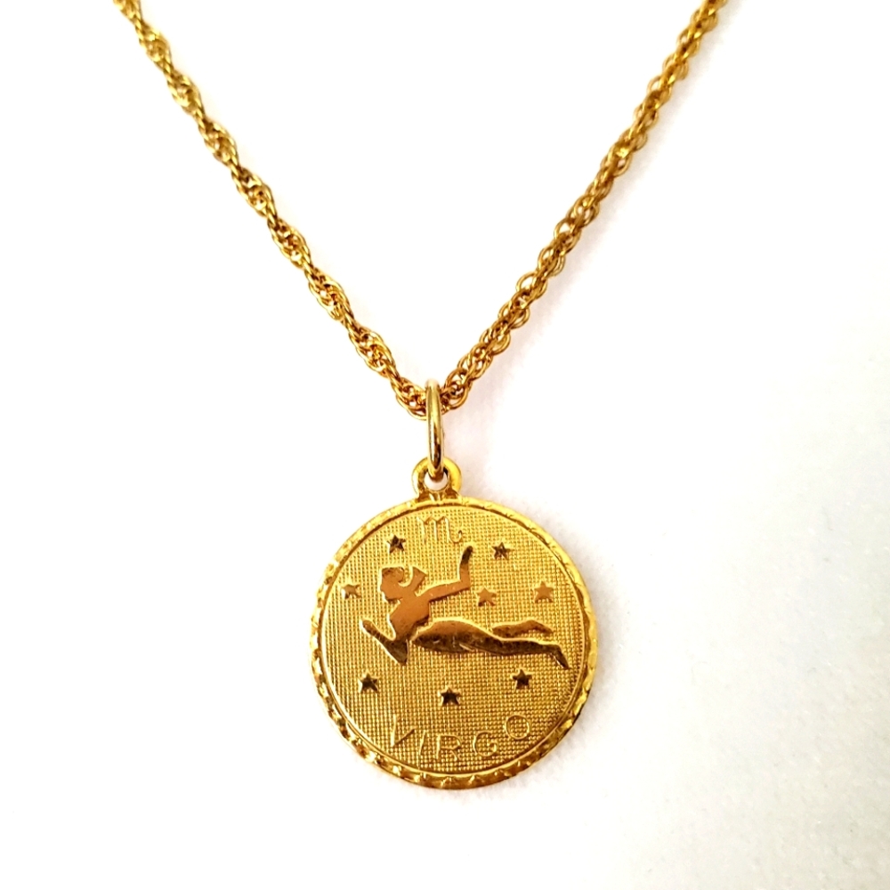 Zodiac Coin Pendant Necklace VIRGO The Virgin Girl Image Astrology Gold Tone